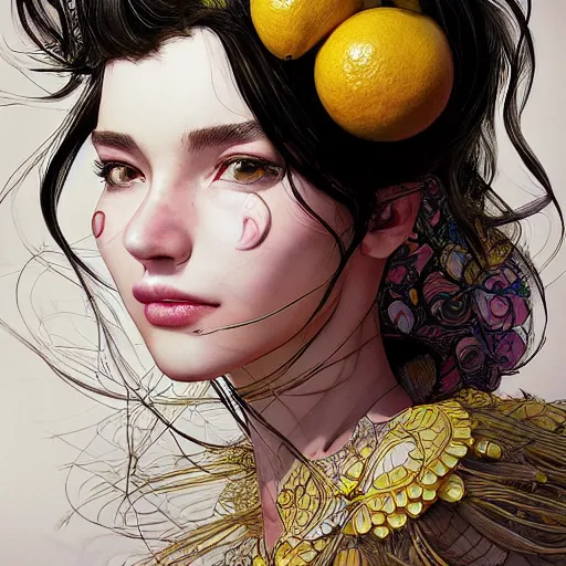 Image similar to the portrait of an absurdly beautiful, graceful, elegant, sophisticated, young teen girl made up of lemons looking up, an ultrafine hyperdetailed illustration by kim jung gi, irakli nadar, intricate linework, bright colors, octopath traveler, final fantasy, unreal engine 5 highly rendered, global illumination, radiant light, detailed and intricate environment