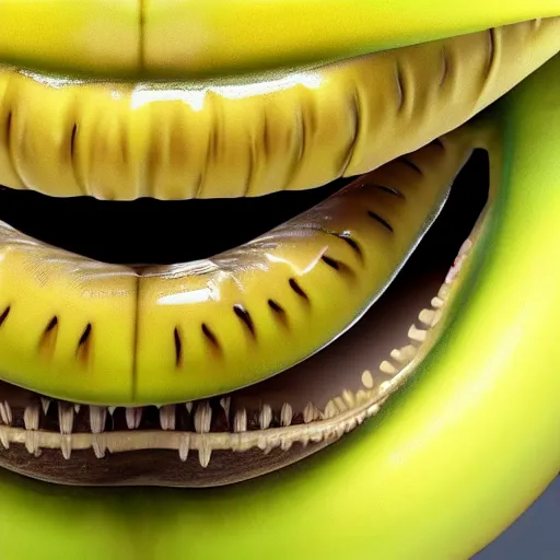 Image similar to a banana with human teeth and eyes, visible skin pores, the banana is sweating, highly detailed, highly realistic, uncanny.