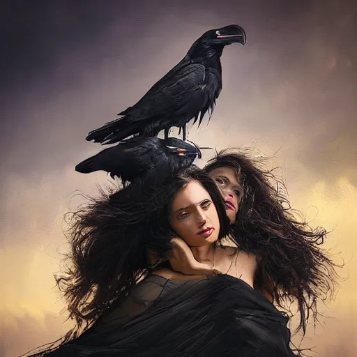 Image similar to morning, raven perching on the shoulder of a woman in a black dress. sun, cinematic, clouds, vogue cover style, contracting colors mood, realistic painting, intricate oil painting, high detail, figurative art, multiple exposure, poster art, 3 d, by simon bisley, ismail inceoglu, wadim kashin, filip hodas.