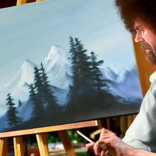 Image similar to a closeup photorealistic photograph of bob ross working on a canvas painting of dark knight. film still. brightly lit scene. mountains and trees. this 4 k hd image is trending on artstation, featured on behance, well - rendered, extra crisp, features intricate detail, epic composition and the style of unreal engine.