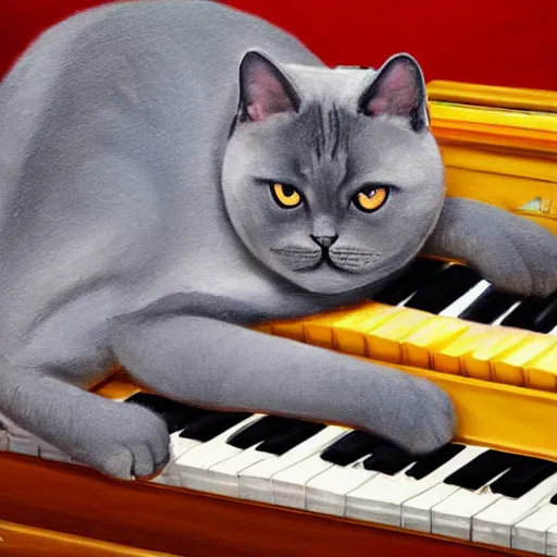 Prompt: portrait of a grey british shorthair cat sitting on piano keys with musical notes in the background detailed colorful luminescent oil painting in the style of claudia sanchez 4 k