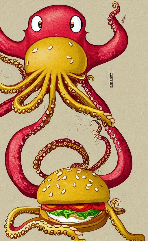 Prompt: highly detailed illustration of octopus holding hamburger, tentacles encircling a hamburger, poster, symmetrical, 8 k, trending