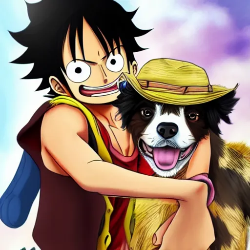 Image similar to luffy from one piece with an australian shepard, on artstation