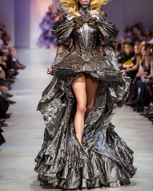 fashion model walking down a catwalk, elaborate dress | Stable Diffusion