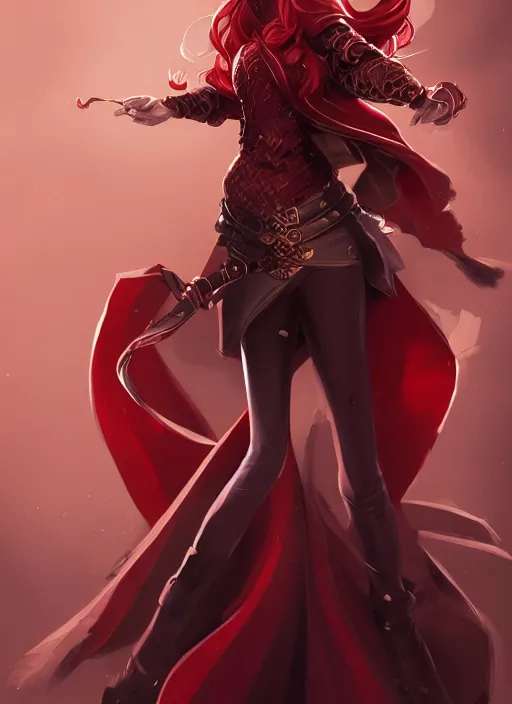 Image similar to a highly detailed illustration of beautiful long dark red haired woman wearing wine red epaulette uniform and coat cape, dramatic floating pose, strings background, intricate, elegant, highly detailed, centered, digital painting, artstation, concept art, smooth, sharp focus, league of legends concept art, wlop