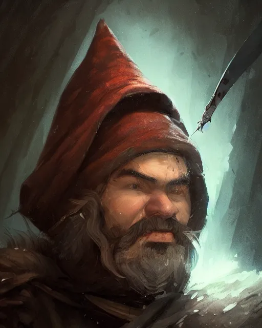 Prompt: A head and shoulder portrait of a DnD deep gnome rogue with two daggers at his waist and he is wearing a black hood by Greg Rutkowski, Sung Choi, Mitchell Mohrhauser, Maciej Kuciara, Johnson Ting, Maxim Verehin, Peter Konig, final fantasy, 8k photorealistic, cinematic lighting, HD, high details, dramatic, epic atmosphere, trending on artstation