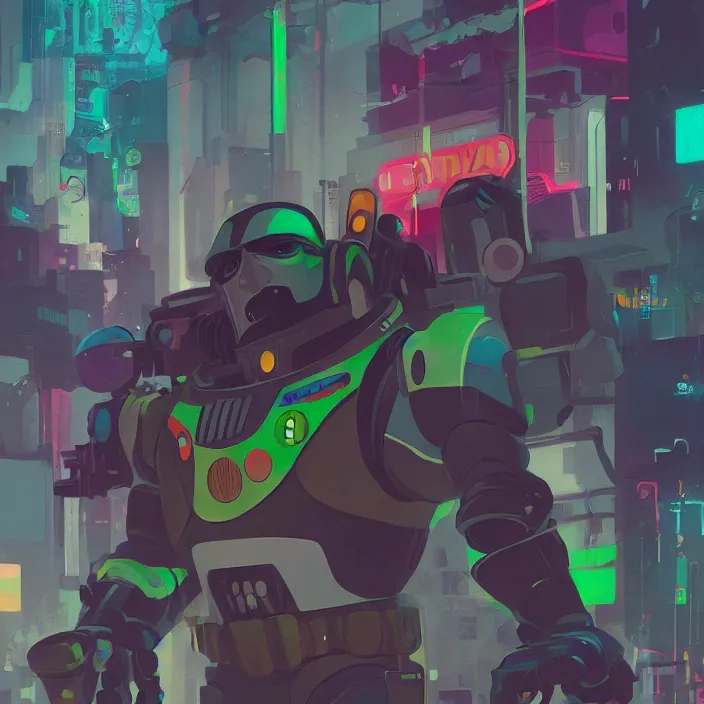 Image similar to a colorful comic noir illustration painting of a cyberpunk buzz lightyear by sachin teng and sergey kolesov and ruan jia and heng z. hyper detailed. octane render. trending on artstation