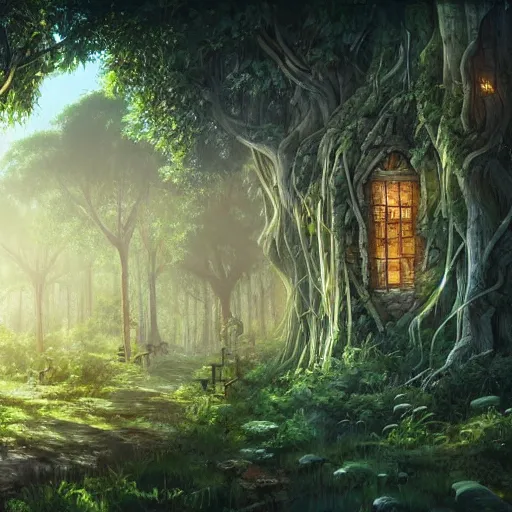 Prompt: concept art painting of a forest with treehouses made of trees and roots, houses and windows inside trees, vines, deep forest, realistic, detailed, cel shaded, in the style of makoto shinkai and greg rutkowski and james gurney