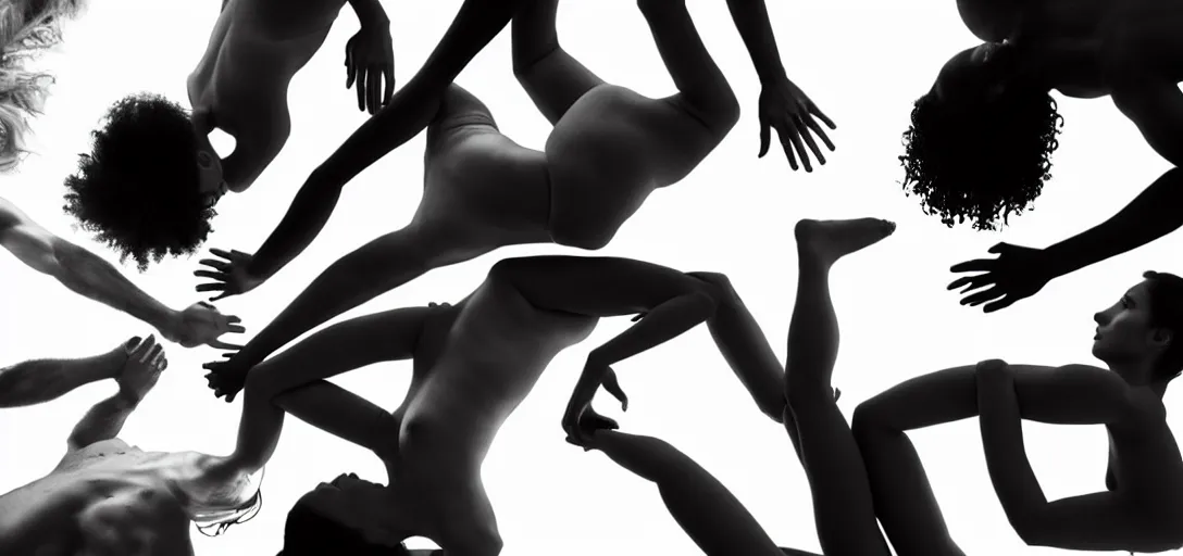 Image similar to multiple sensual humans interacting, anatomy, high contrast, long soft shadows, on white