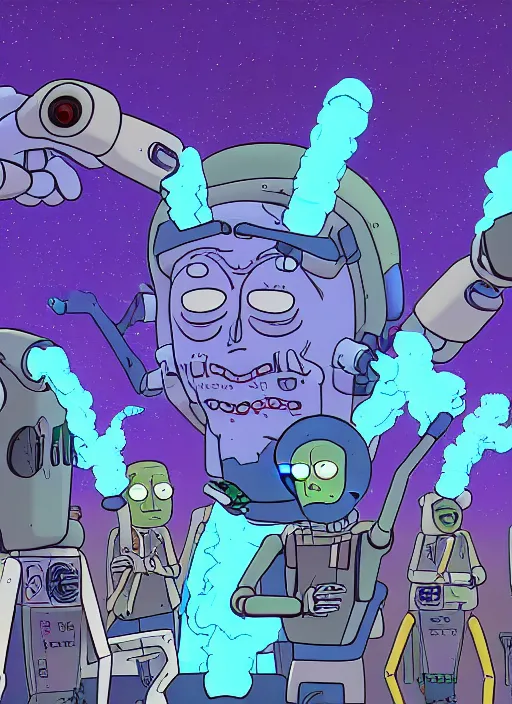 Prompt: an artificial intelligence in a robot exploding why studying how human hands look, rick and morty art style illustration, justin roiland, dan harmon, location is a science fiction planet