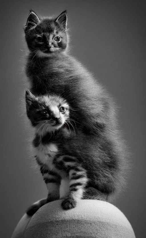 Image similar to Award winning Editorial photo of an adorable kitten standing on the back of a calm and happy duckling by Edward Sherriff Curtis and Lee Jeffries, 85mm ND 5, perfect lighting, gelatin silver process