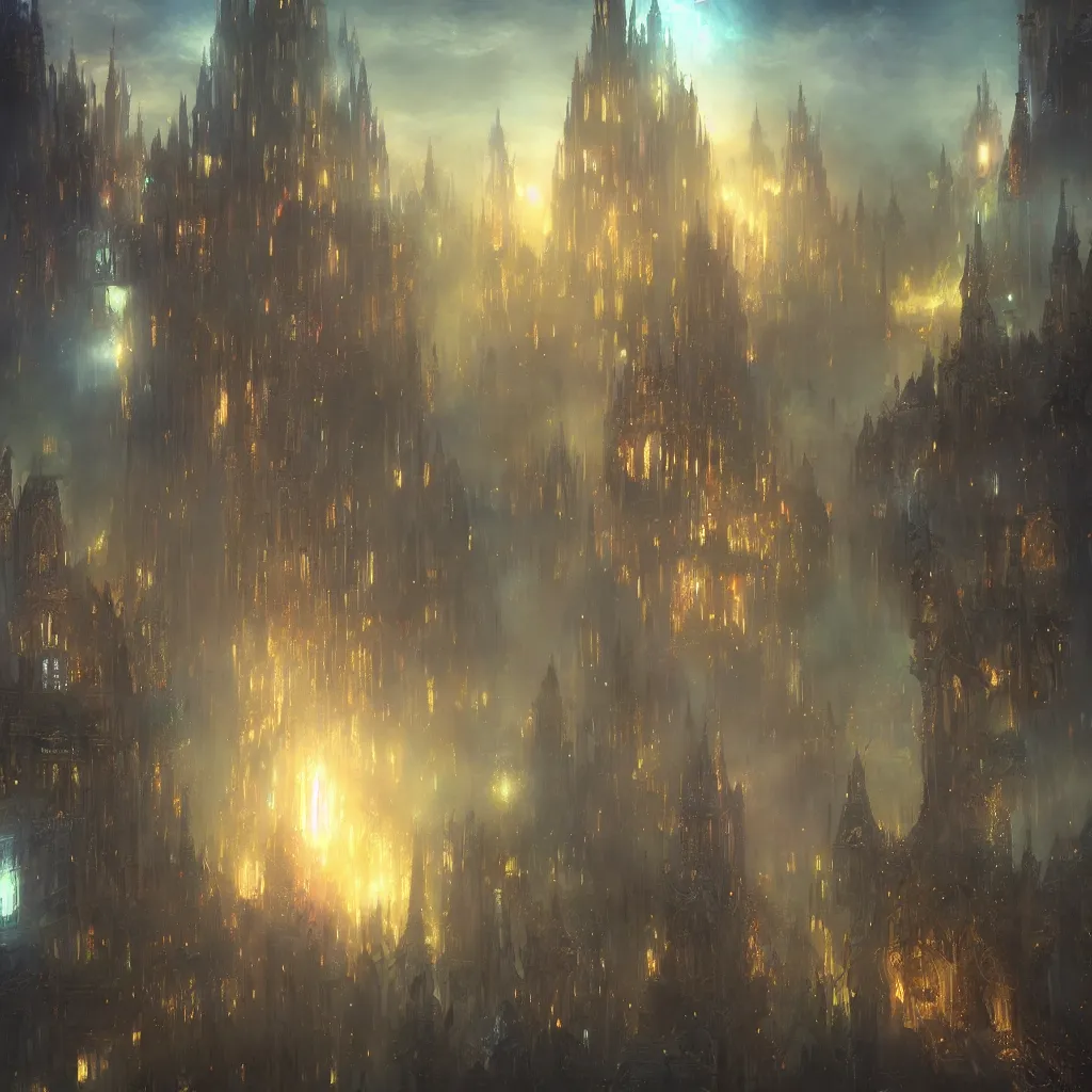 Prompt: huge towering magical university, extreme drama, distant glowing figures, hdr, movie still, glowing luminescent invocations, fully photorealistic, artstation, beautiful concept art, smoothened, sharp luminescent focus, nd 6, sony fx 6