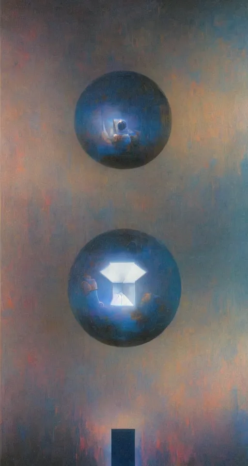 Prompt: a gigantic glowing crystal tesseract orb illuminating a small room, very bright white light, high detailed beksinski painting, part by adrian ghenie and gerhard richter. masterpiece, deep colours, blue