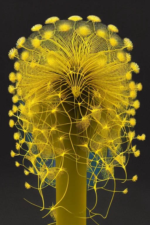 Prompt: intricate hyper detailed ultra sharp 3 d render of a lorde, unity of mood, large pore fungi embroidered, bright light, art nouveau, haute couture alexander mcqueen leaves stems dahlia transparent fractal dandelion yellow pistil filigree roots, octane render, volumetric cinematic lighting, 8 k post - production