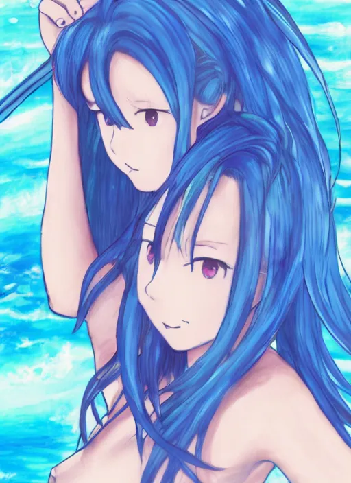 Image similar to a woman with blue hair sitting in the water, an anime drawing by yuumei, featured on pixiv, rayonism, pixiv, seapunk, anime