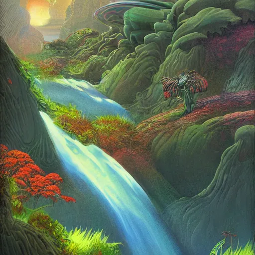 Image similar to digital painting of a lush natural scene on an alien planet by gerald brom. digital render. detailed. beautiful landscape. colourful weird vegetation. cliffs and water.