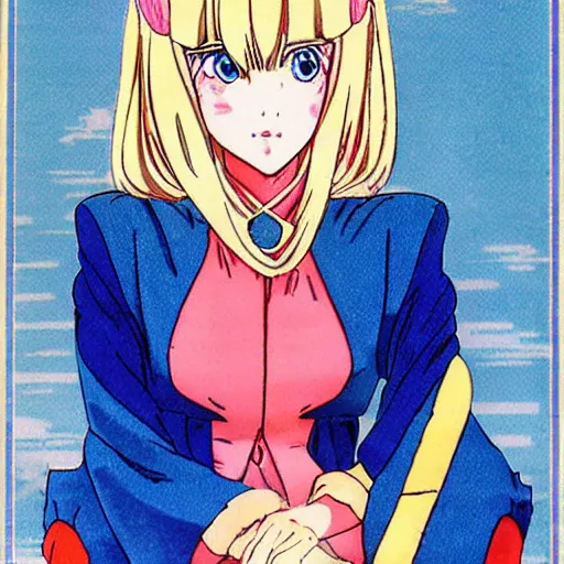 Image similar to Platinum-blonde-haired hime cut blue-eyed French empress, 1977 anime, retro anime style