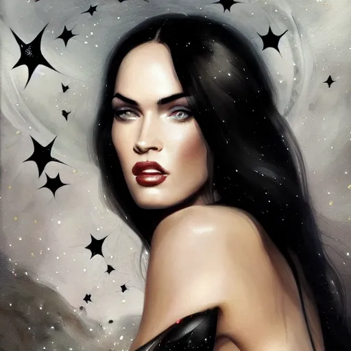 Prompt: portrait of megan fox wearing a black dress with galaxy lights and stars, sultry body with sexy belly, fantasy, intricate, elegant, highly detailed, digital painting, artstation, concept art, matte, sharp focus, illustration, art by aenaluck and roberto ferri and greg rutkowski, epic fantasy, digital painting