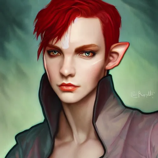 Image similar to dnd character portrait of a beautiful and androgynous half - elf with messy short red hair and catlike features and dark skin and yellow eyes with slit pupils, glowing, golden hour, wearing a colorful men's suit, realistic painting by ross tran and gerald brom and alphonse mucha, trending on artstation