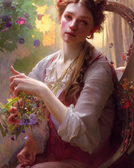 Image similar to daniel gerhartz and wlop and tom baghshaw and alfons mucha, detailed portrait, a photo of elyse wlliams as a muppet, unreal engine, hyper realism, realistic shading, cinematic composition, blender render, octane render, ultrawide shot