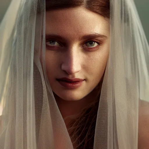 Image similar to portrait of a stunningly beautiful female with a veil in soft light, depth of field, zeiss lens, detailed, symmetrical, centered, fashion photoshoot, by annie leibovitz and steve mccurry, david lazar, jimmy nelsson, breathtaking, 8 k resolution, extremely detailed, beautiful, establishing shot, artistic, hyperrealistic, beautiful face, octane render