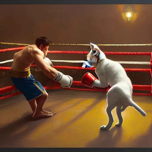 Image similar to cat and duck battle in a boxing ring, highly detailed, digital painting, artstation, concept art, sharp focus, illustration, art by greg rutkowski and alphonse mucha