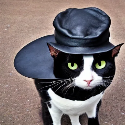 Prompt: a cat wearing a black leather hat, frontal view, cool looking