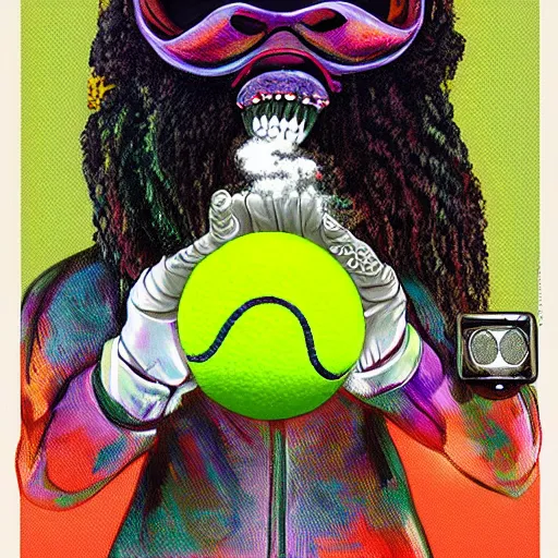 Image similar to snoop dogg tennis ball monster ,tennis ball, digital art, smoke, fantasy,chalk, magic, trending on artstation, ultra detailed, professional illustration by Basil Gogos