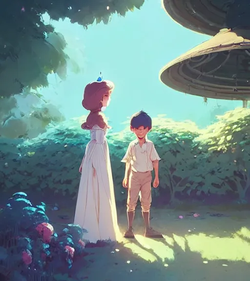 Prompt: a princess and a prince near face to face in the beautiful garden by atey ghailan, by greg rutkowski, by greg tocchini, by james gilleard, by joe fenton, by kaethe butcher, dynamic lighting, gradient light blue, brown, blonde cream and white color scheme, grunge aesthetic