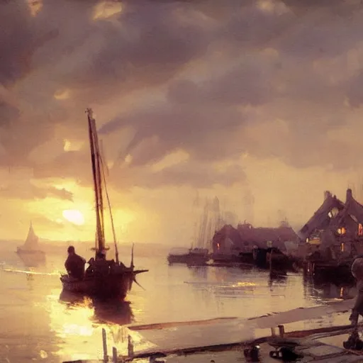 Image similar to scientific oil painting of fishing village by anders zorn, wonderful art by greg rutkowski, incredible lighting, shadows, beautiful cinematic light