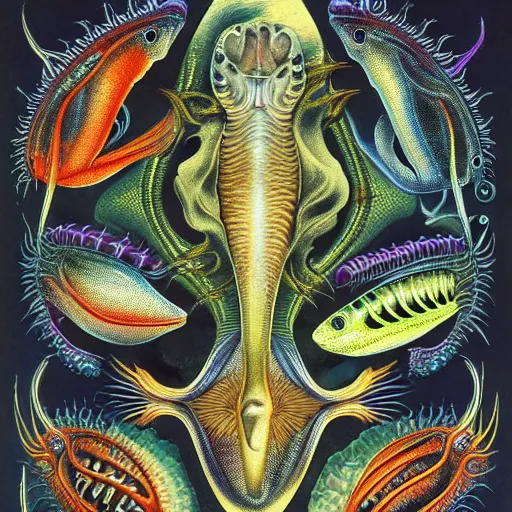 Prompt: alien fish anatomy by ernst haeckel, masterpiece, vivid, very detailed