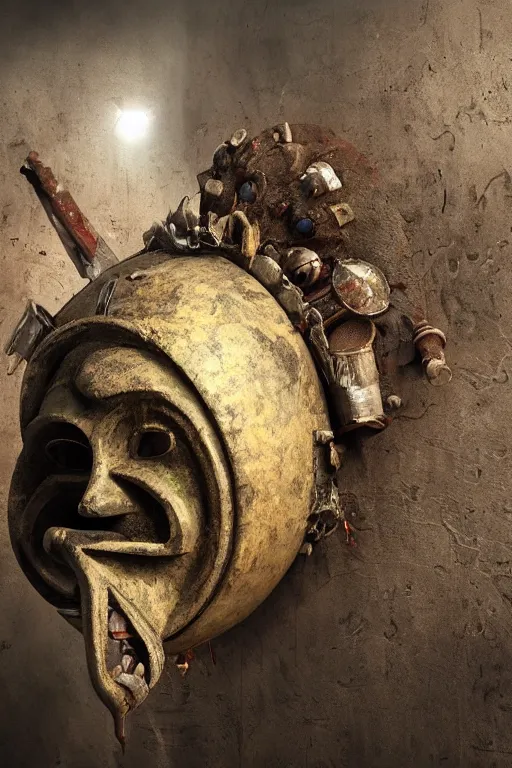 Prompt: an beautiful abstract ancient mask with wide open mouth, vomiting electric waste and trash, hyper-realistic environment, Epic concept art