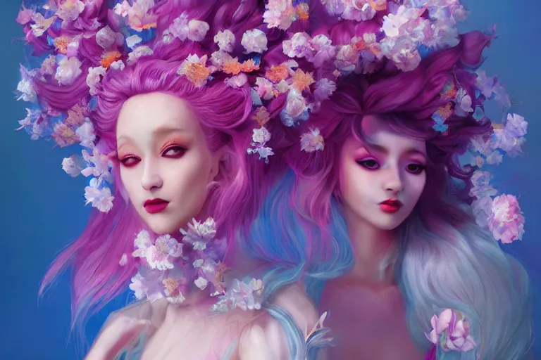 Prompt: Portrait of a beautiful cosplay kitsune with pastel massive hairs blending flowers and luminous pearls by artist Nina Masic and artist Noah Bradley, trending on artstation, vivid color, portrait,Paradoxal background by Gerald Brom and Alessio Albi and beeple, sense of awe, trending on artstation, crystal color, 4k