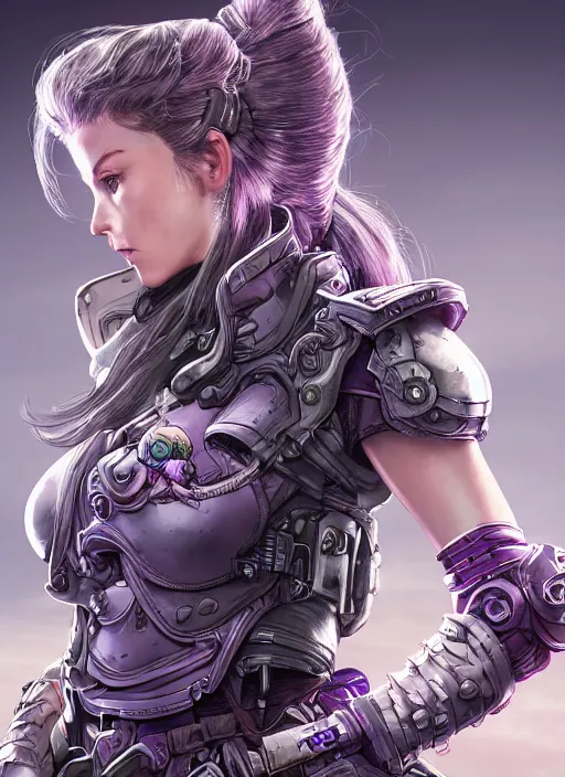 Image similar to portrait of a pale woman in power armor with purple ponytail hair, elegant, stoic, intense, ultrafine hyperdetailed illustration by kim jung gi, irakli nadar, intricate linework, sharp focus, bright colors, octopath traveler, final fantasy, hearthstone, highly rendered, global illumination, radiant light, detailed, intricate environment