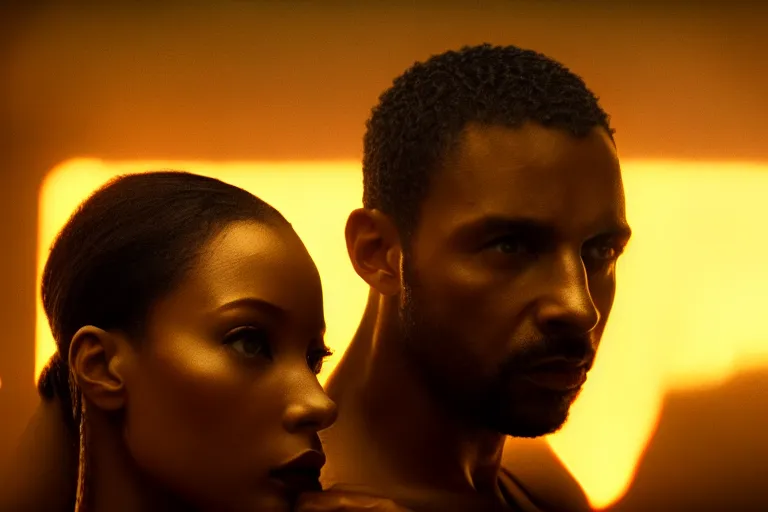 Prompt: film still of closeup beautiful jamaican models couple closeup in blade runner 2 0 4 9, cinematic, moody, gritty neon noir by emmanuel lubezki