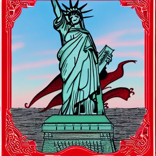 Image similar to Lady Liberty sitting on the back of a red dragon 龙