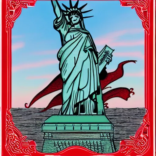 Prompt: Lady Liberty sitting on the back of a red dragon 龙