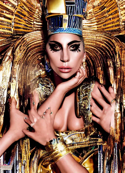 Image similar to lady gaga in an egyptian themed photoshoot, nick knight, annie leibovitz, posing, style, vogue magazine, highly realistic. high resolution. highly detailed. dramatic. 8 k. 4 k.