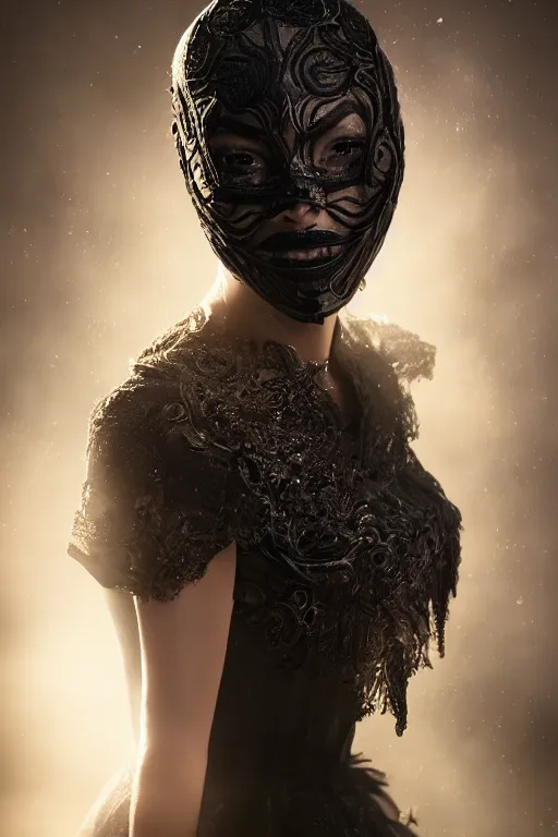 Prompt: portrait of a woman wearing a hyper detailed beautiful laced sheer black mask detailed stitching, beautifully lit,, cinematography, 8 k post production, atmospheric background, ambient occlusion, global illumination by tooth wu, wlop, art station trending