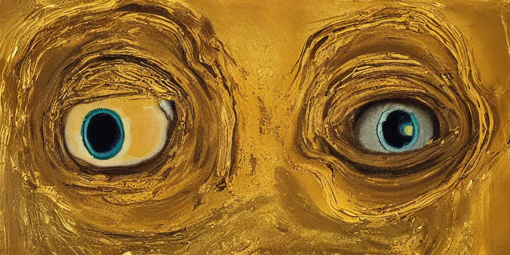 Image similar to a painting of giant buddahs eyes floating in the desert in gold color palette