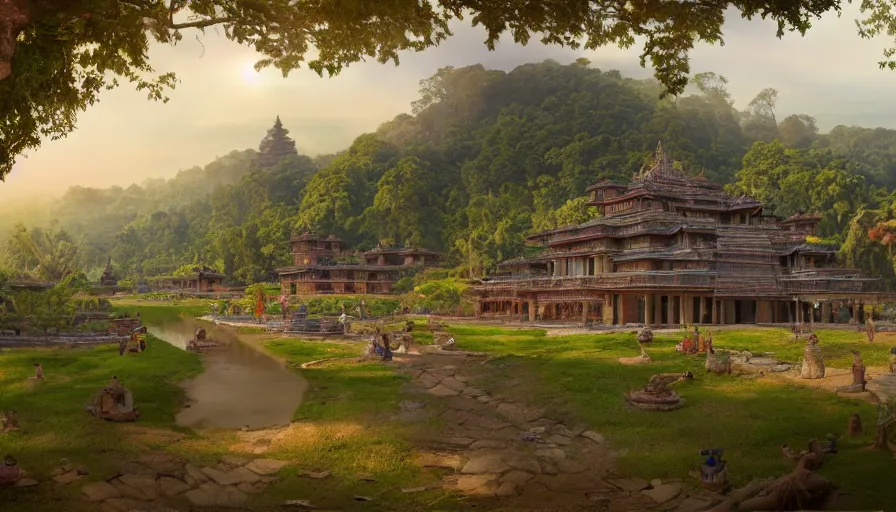 Prompt: matte painting of a beautiful mon - dvaravati village and buddhist temple, inspired by indian arts - amaravati, gupta, after gupta, and pala, digital art, trending on artstation