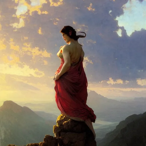 Image similar to an ultradetailed matte landscape painting of mountain sized sculpture of a beautiful and elegant woman, sunrise on the horizon in the background, stone hand raised up, 8 k, art by greg rutkowski and alphonse mucha and andreas rocha and albert bierstadt