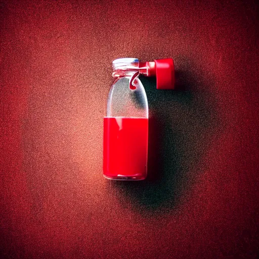 Prompt: render of a red liquid in a holy water bottle realistic vintage 8 k glossy hd