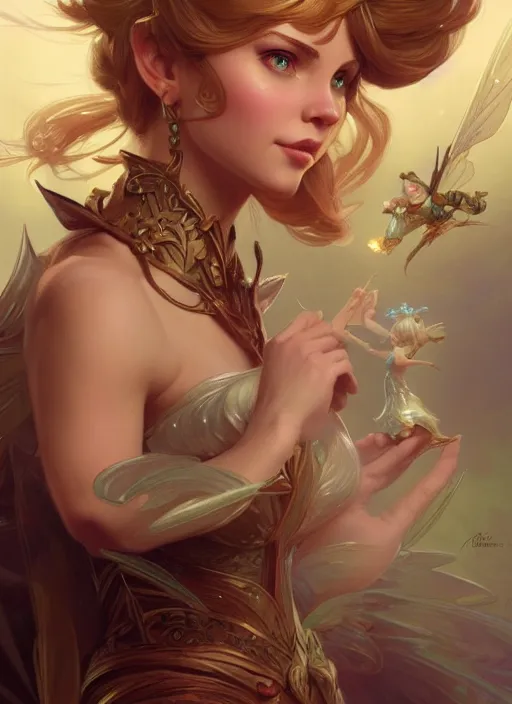 Image similar to tinker bell, d & d, fantasy, intricate, elegant, highly detailed, digital painting, artstation, concept art, matte, sharp focus, illustration, hearthstone, art by artgerm and greg rutkowski and alphonse mucha