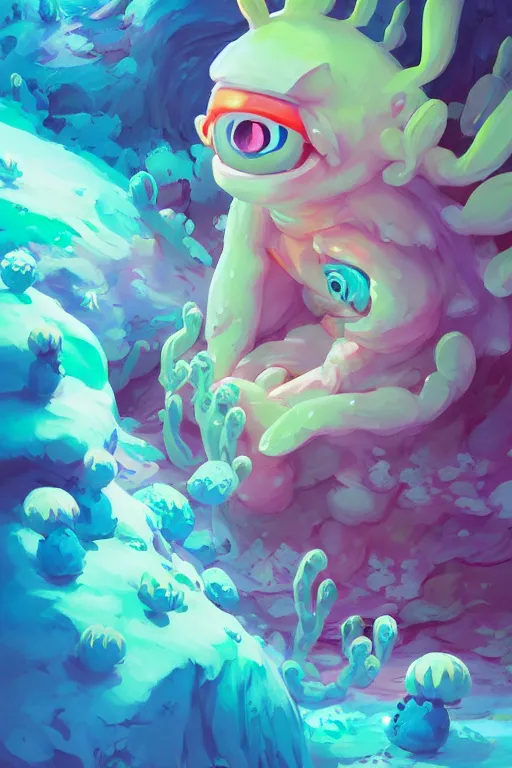 Image similar to smurf ghost creature animal sushi cristal very big eye roots cactus elemental flush of force nature micro world fluo fishscale, behance hd by jesper ejsing, by rhads, makoto shinkai and lois van baarle, ilya kuvshinov, rossdraws radiating a glowing aura global illumination ray tracing hdr