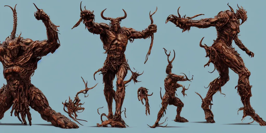 Image similar to Rusty Bronze four armed statue like colossus, character design sheet, Monster Hunter Illustrations art book, giant, trees growing on its body, enormous hands, long limbs, horns on its head, bright pale blue eyes, Moebius, Greg Rutkowski, Zabrocki, Karlkka, Jayison Devadas, Phuoc Quan, trending on Artstation, 8K, ultra wide angle, zenith view, pincushion lens effect.