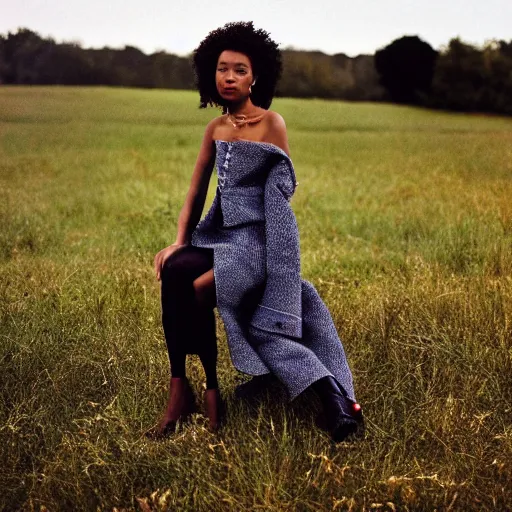 Image similar to realistic!!! photoshoot for a new dior lookbook, color film photography, portrait of a beautiful woman, location on a open field, in style of tyler mitchell, 35mm