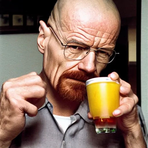 Prompt: walter white drinking apple juice, photography,
