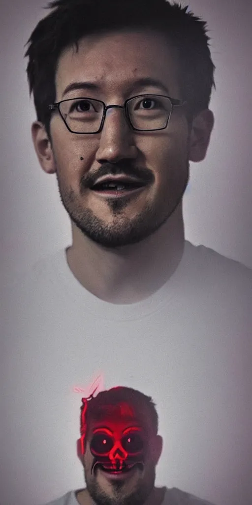 Image similar to “ a portrait of markiplier in a dark, foggy room, staring intently with an evil grin, and red eyes glowing the room ”