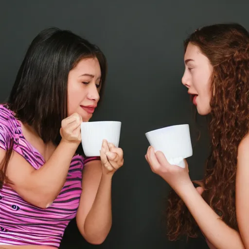 Prompt: two young women fighting over a cup of chocolate pudding, 4k, 35mm